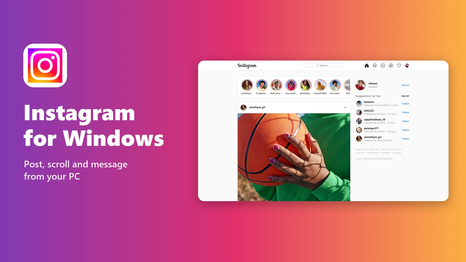 Instagram for Windows Instagram logo on a purple to orange gradient beside the Instagram app on a PC showing stories and a photo post in the feed