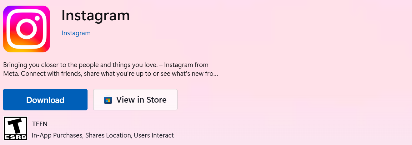 Instagram page in the Microsoft Store with Download and View in Store buttons, published by Instagram and rated Teen