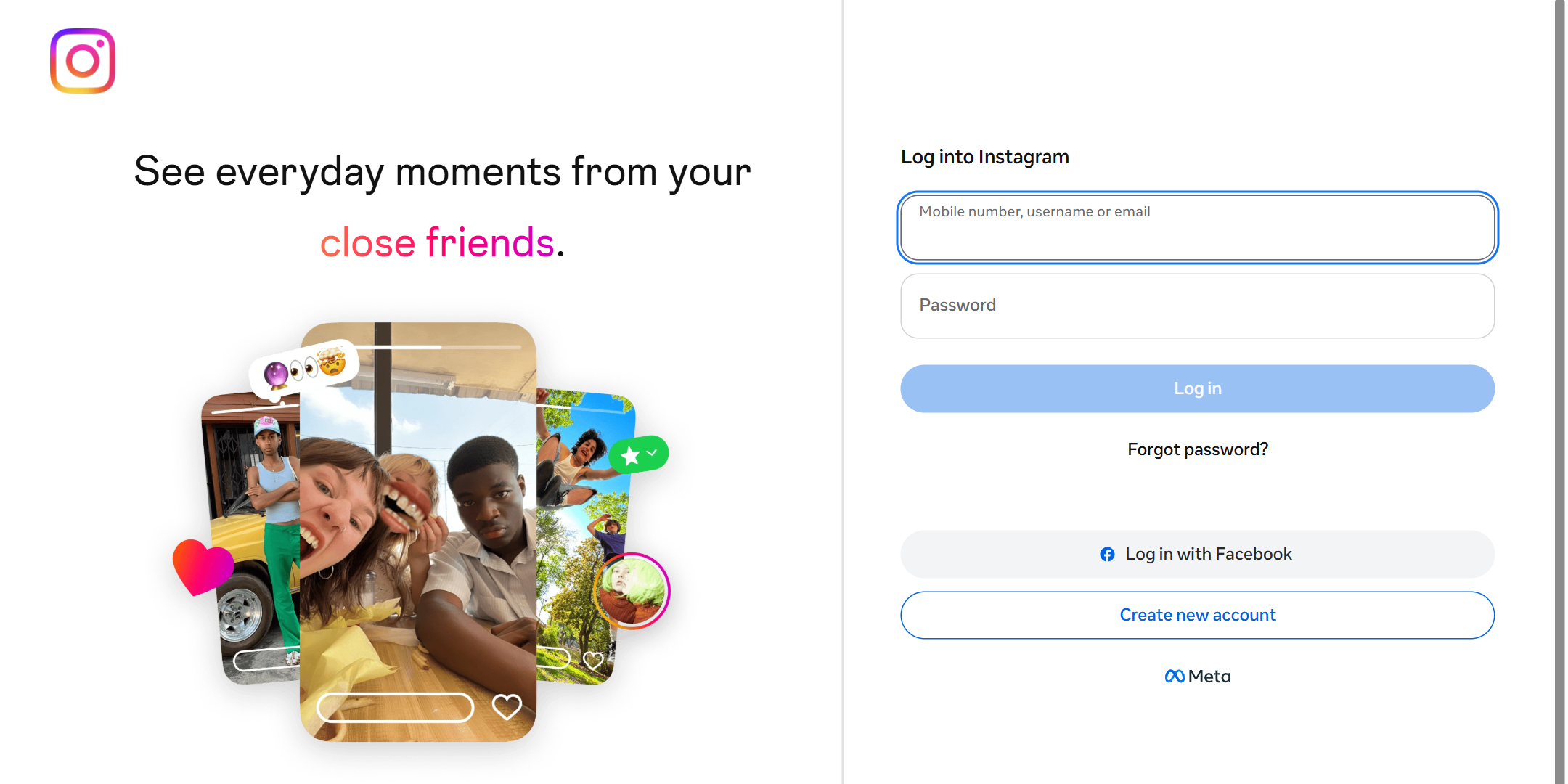 Instagram login page on a PC with fields for a mobile number, username or email and a password, plus Log in with Facebook and Create new account buttons