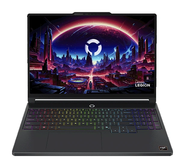 Front view of an open Lenovo Legion 5a gaming laptop with an RGB keyboard and a sci-fi city wallpaper on screen