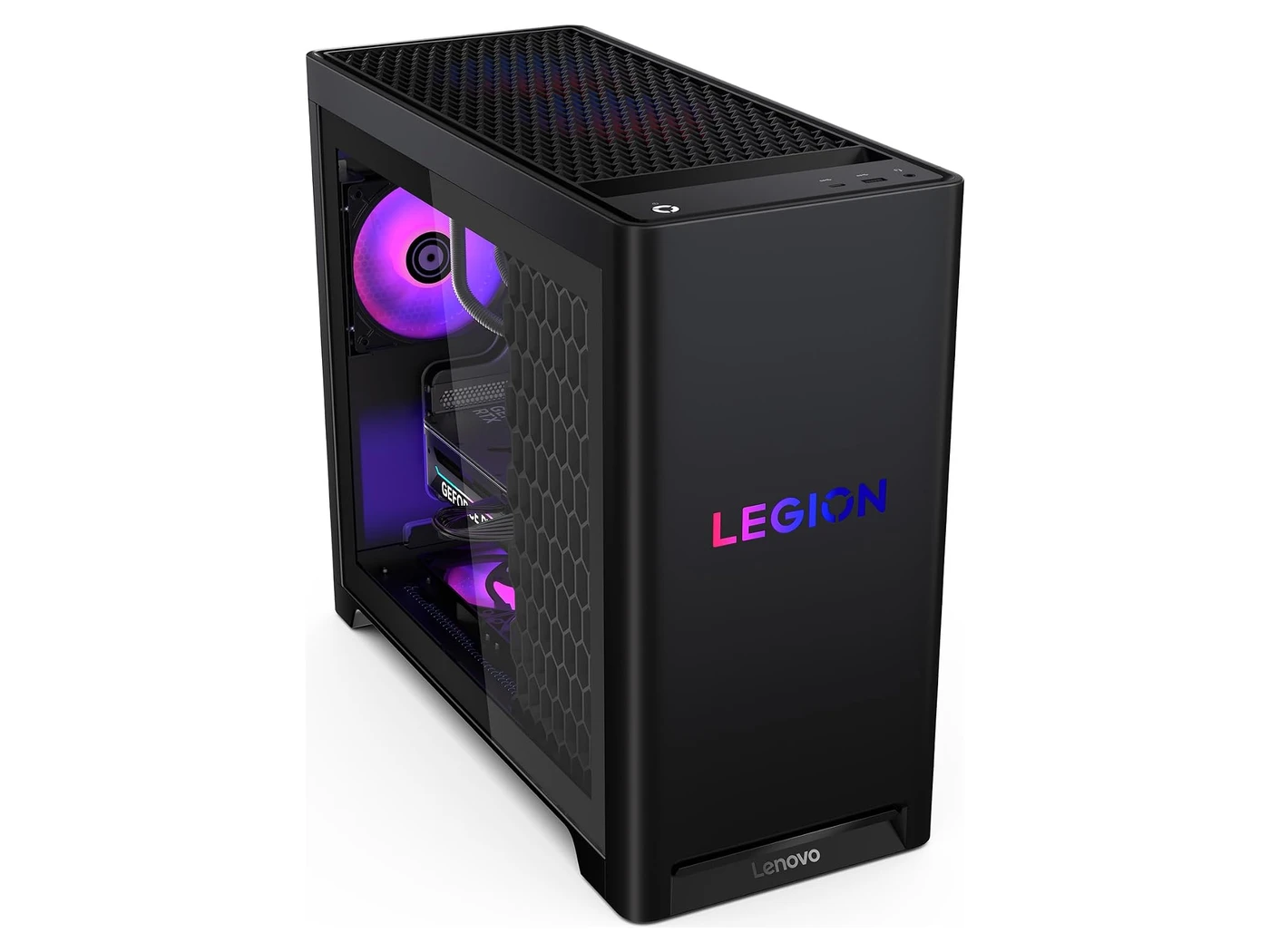Black Lenovo Legion Tower 5 gaming desktop with a glass side panel showing purple-lit fans and a GeForce graphics card