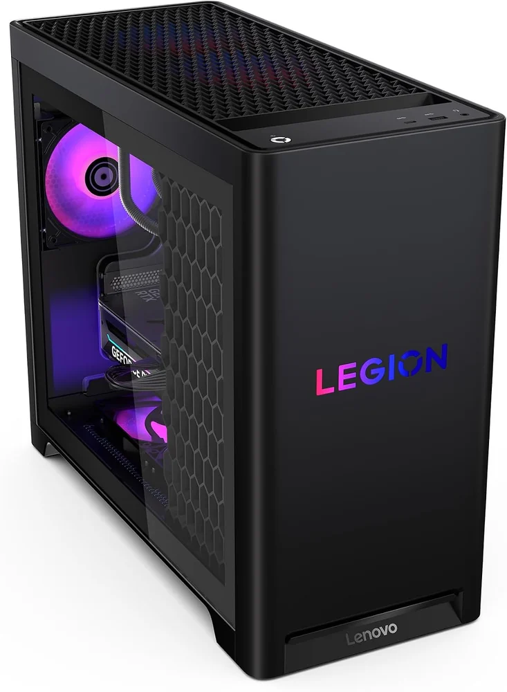 Black Lenovo Legion Tower 5 desktop with a glowing Legion logo on the front and purple-lit fans behind the glass side panel