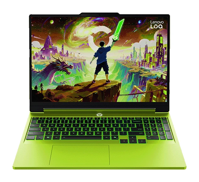 Front view of an open Lenovo LOQ 15 gaming laptop in a bright green finish with fantasy artwork on screen