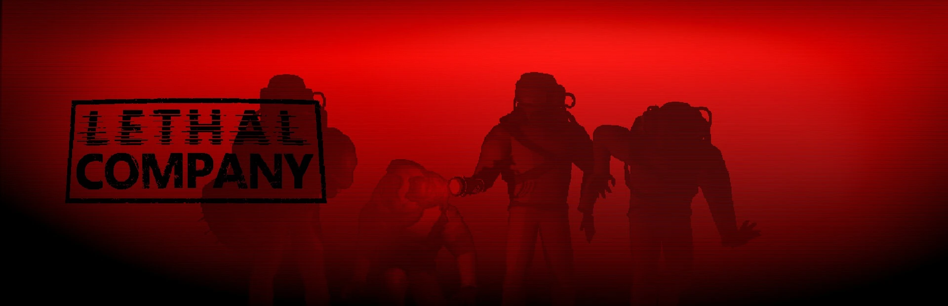 Four Company employees in bulky hazard suits and helmets stand in silhouette against a red background beside the Lethal Company logo