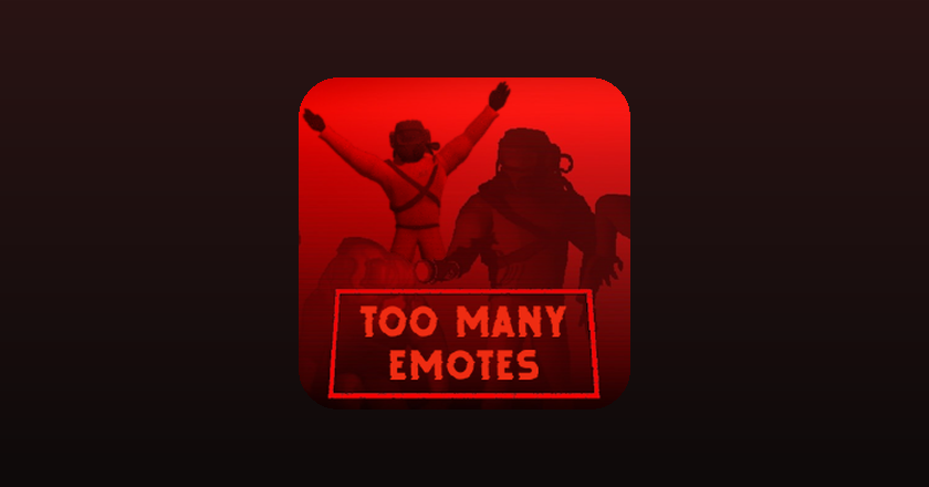 The TooManyEmotes mod icon, showing two Company employees dancing on a red background above the words Too Many Emotes