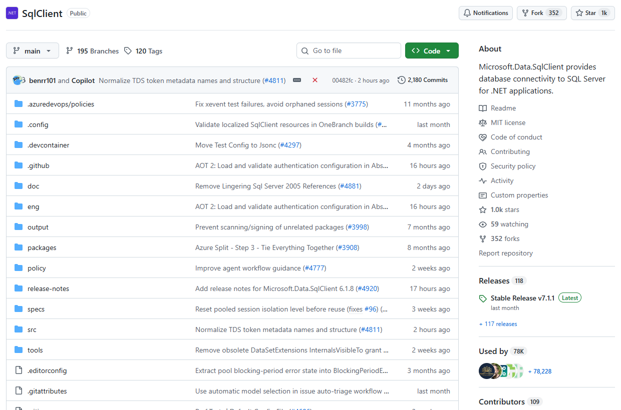 The dotnet SqlClient repository on GitHub with its folders, MIT license and latest stable release