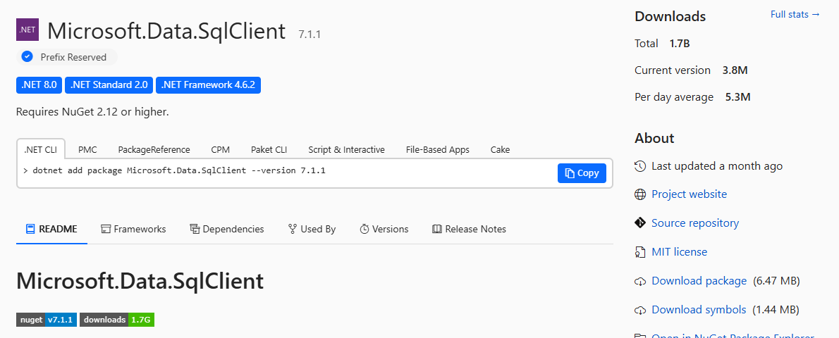 Microsoft.Data.SqlClient on NuGet NuGet Gallery page for Microsoft.Data.SqlClient showing the package name, supported frameworks and the dotnet add package install command