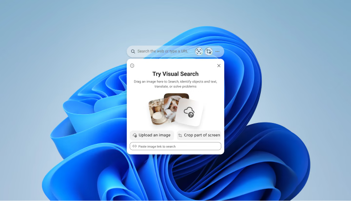 Edge Search Bar floating on a Windows 11 desktop with a Try Visual Search panel offering Upload an image and Crop part of screen