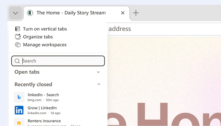 Microsoft Edge tab actions menu with Turn on vertical tabs, Organize tabs and Manage workspaces options above a tab search box