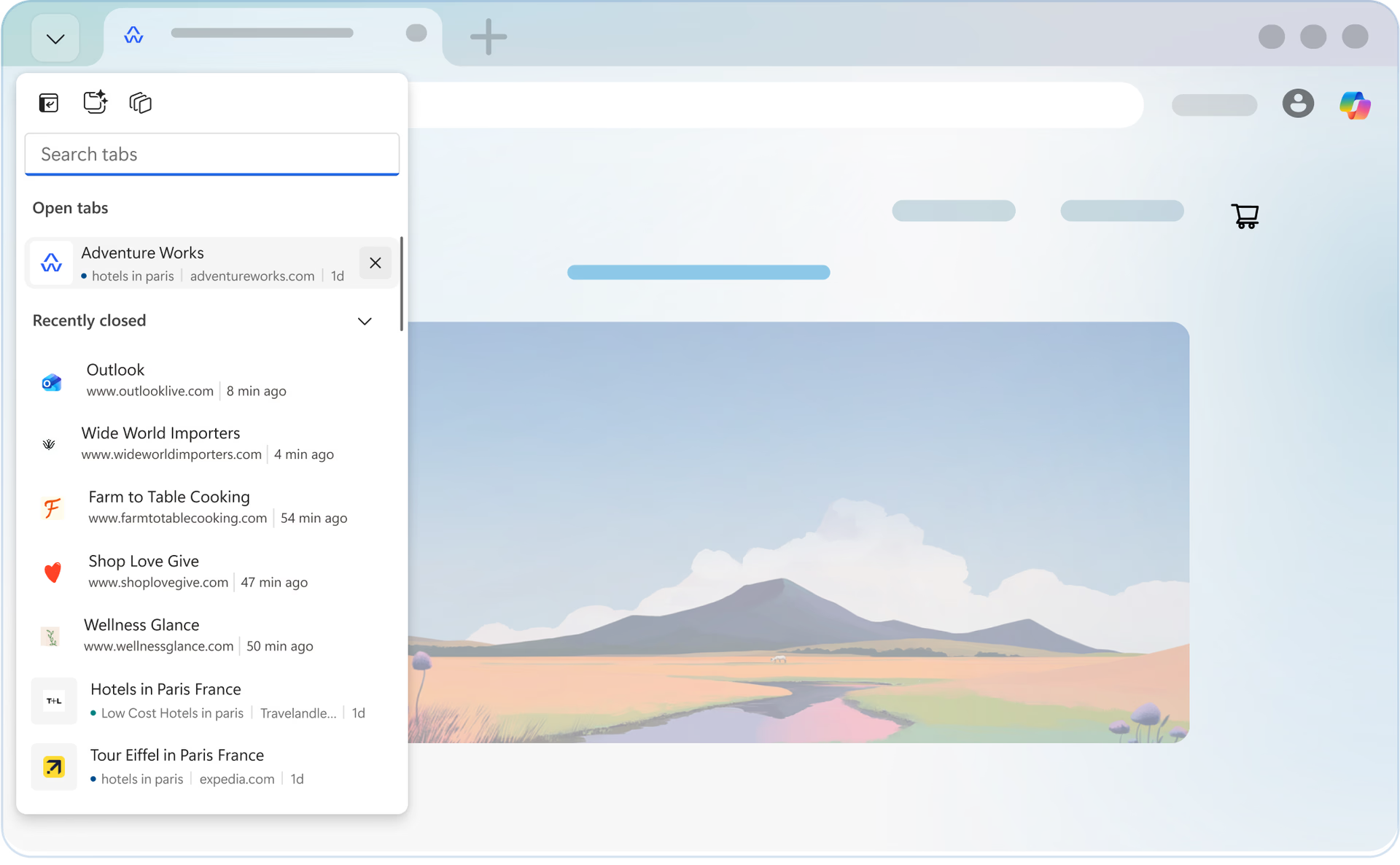 Microsoft Edge tab search menu open on the left, with a search box, the open tab, and a list of recently closed tabs with site names and times
