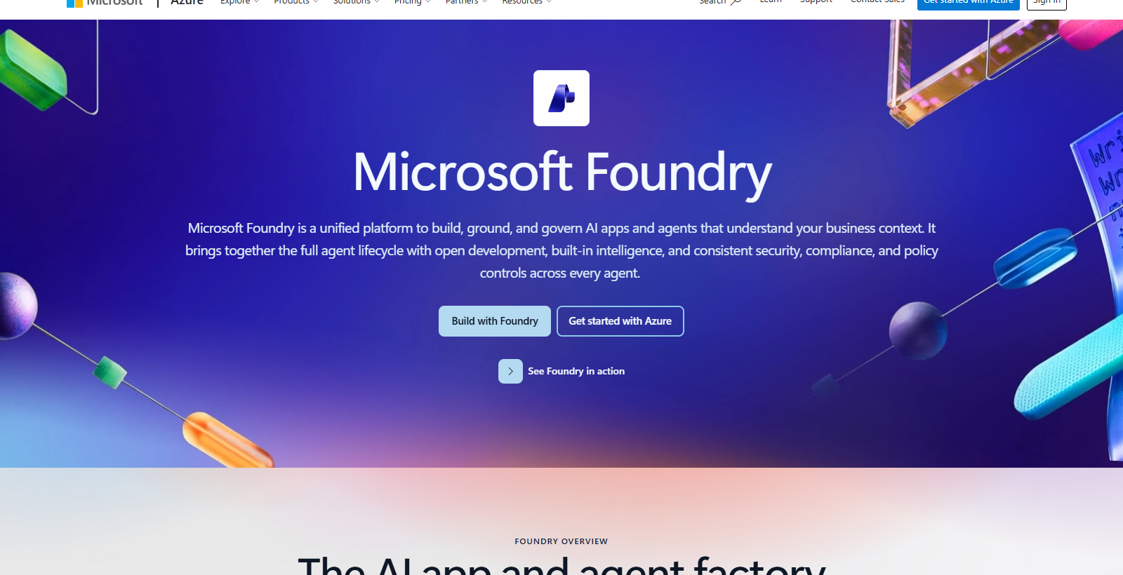 Microsoft Foundry product page describing a platform to build, ground and govern AI apps and agents, with Build with Foundry and Get started with Azure buttons
