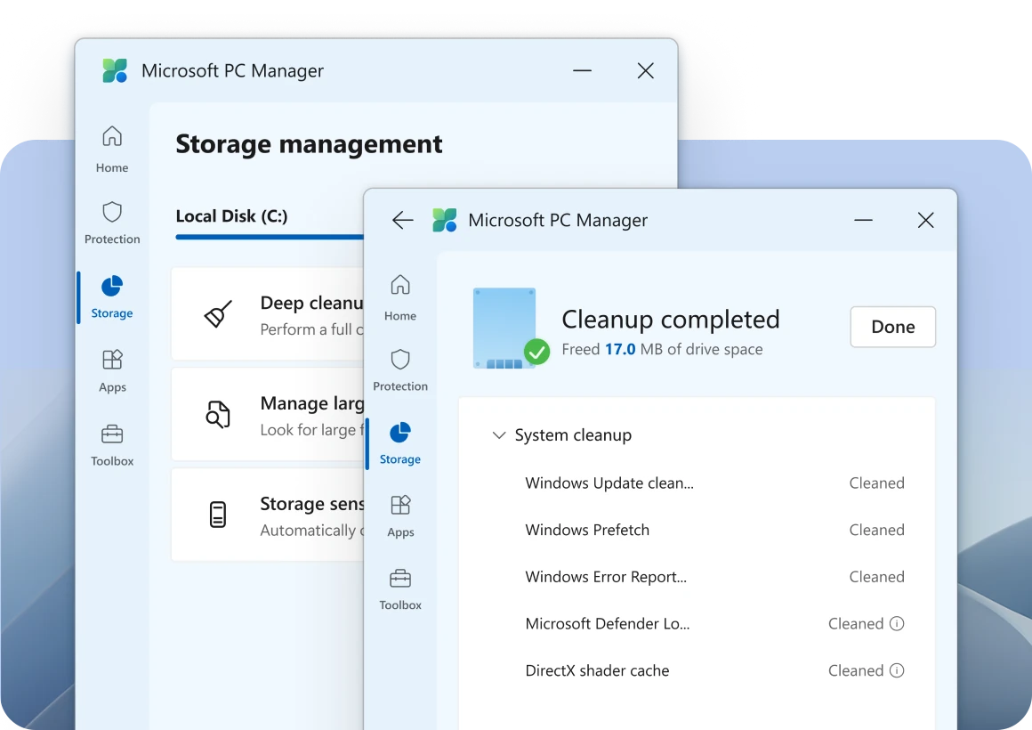Microsoft PC Manager Storage management screen with Deep cleanup, Manage large files and Storage sense, next to a Cleanup completed window listing Windows Update cleanup, Windows Prefetch and DirectX shader cache
