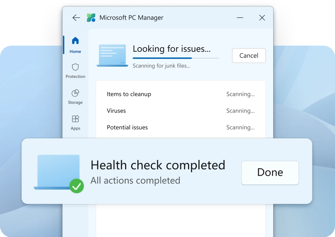 Microsoft PC Manager running a health check that scans for items to clean up, viruses and potential issues, with a Health check completed message