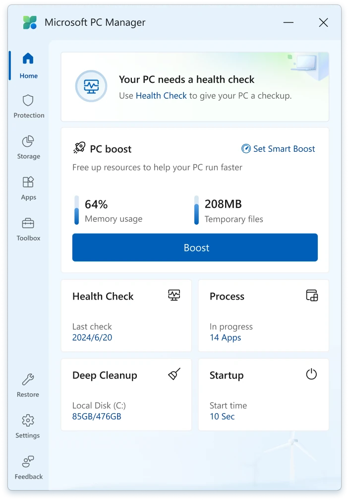 Microsoft PC Manager Home tab showing the PC boost card with memory usage and temporary files, a Boost button, and tiles for Health Check, Process, Deep Cleanup and Startup