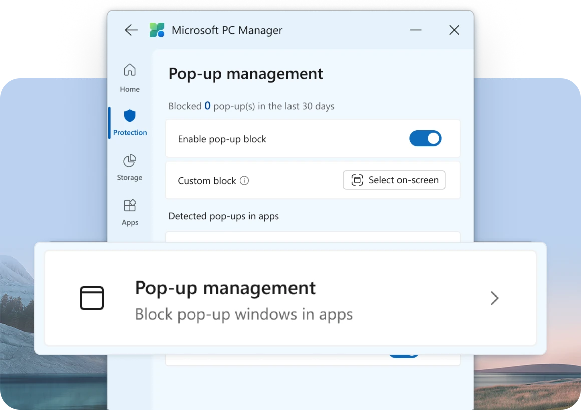 Microsoft PC Manager Pop-up management page in the Protection tab with the Enable pop-up block switch turned on and a Custom block option