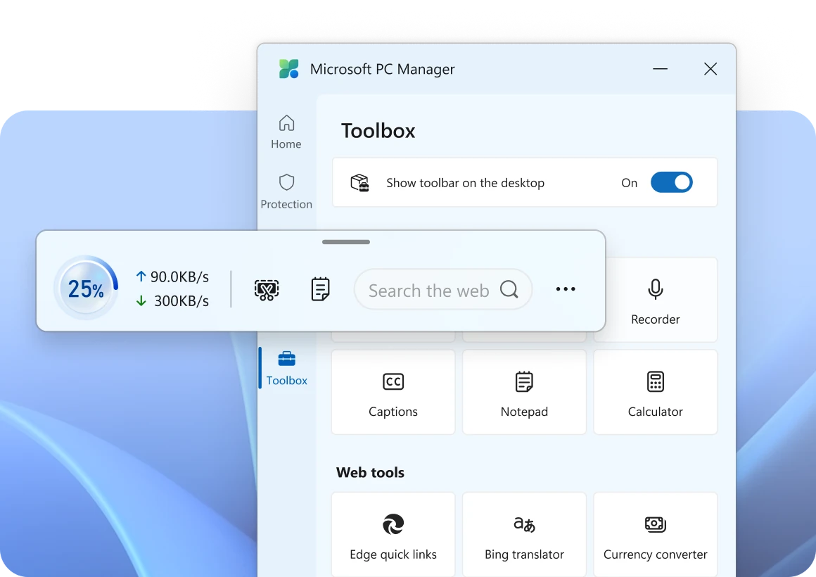 Microsoft PC Manager Toolbox tab with Windows tools and web tools, and the floating mini toolbar showing memory use, upload and download speed and a web search box