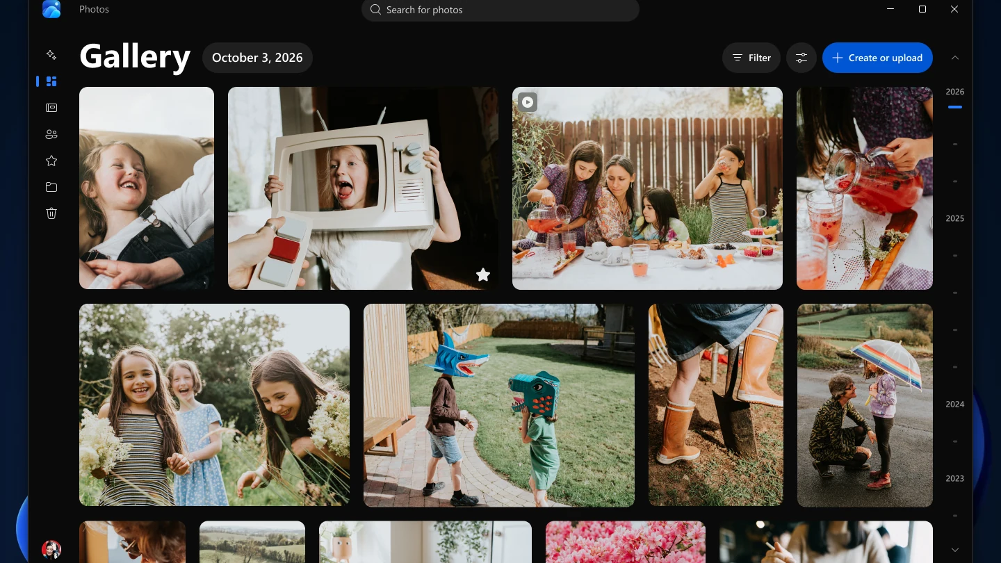 The new Microsoft Photos Gallery on Windows 11, showing family photos sorted by date with a search box, Filter button and Create or upload button
