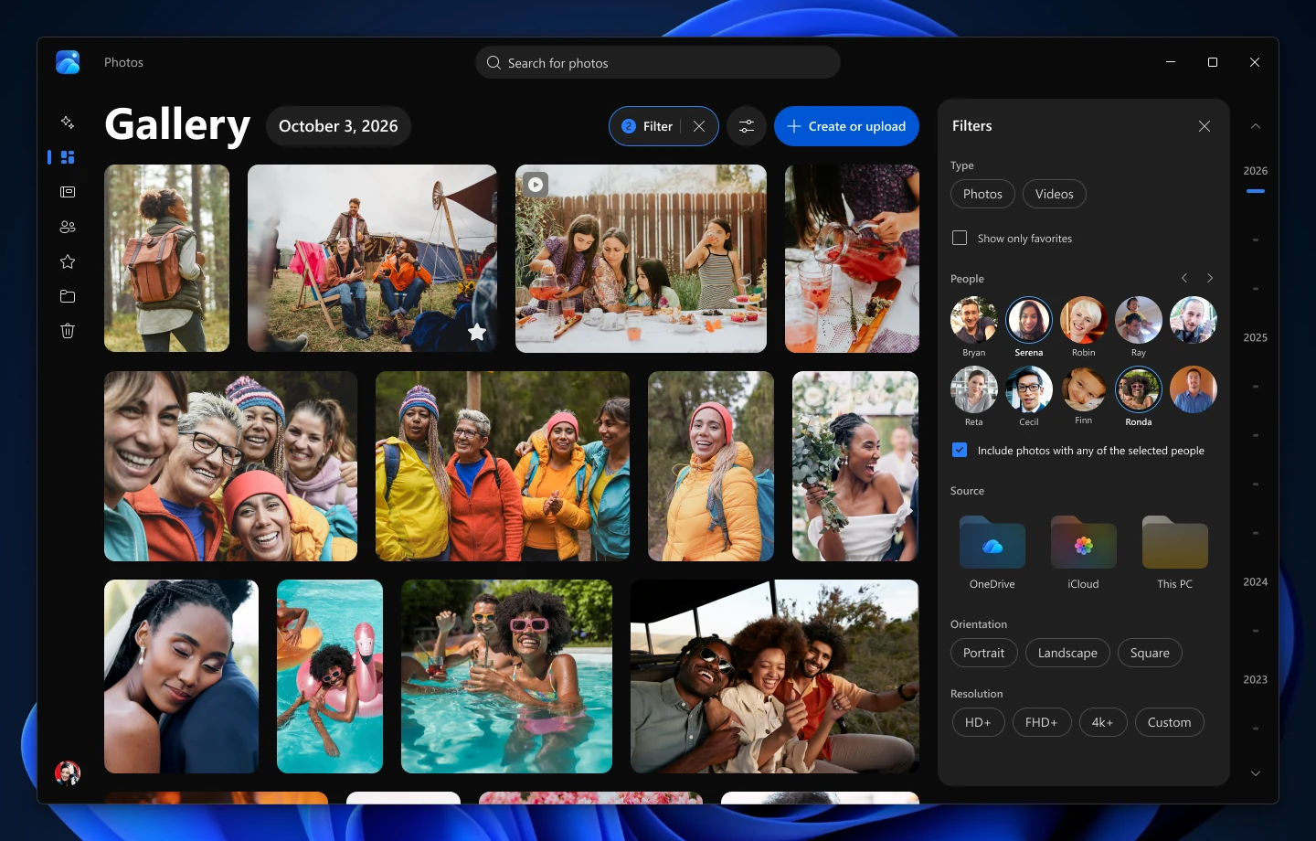 Microsoft Photos Gallery with the Filters panel open, narrowing photos by people, by source such as OneDrive, iCloud or This PC, and by orientation