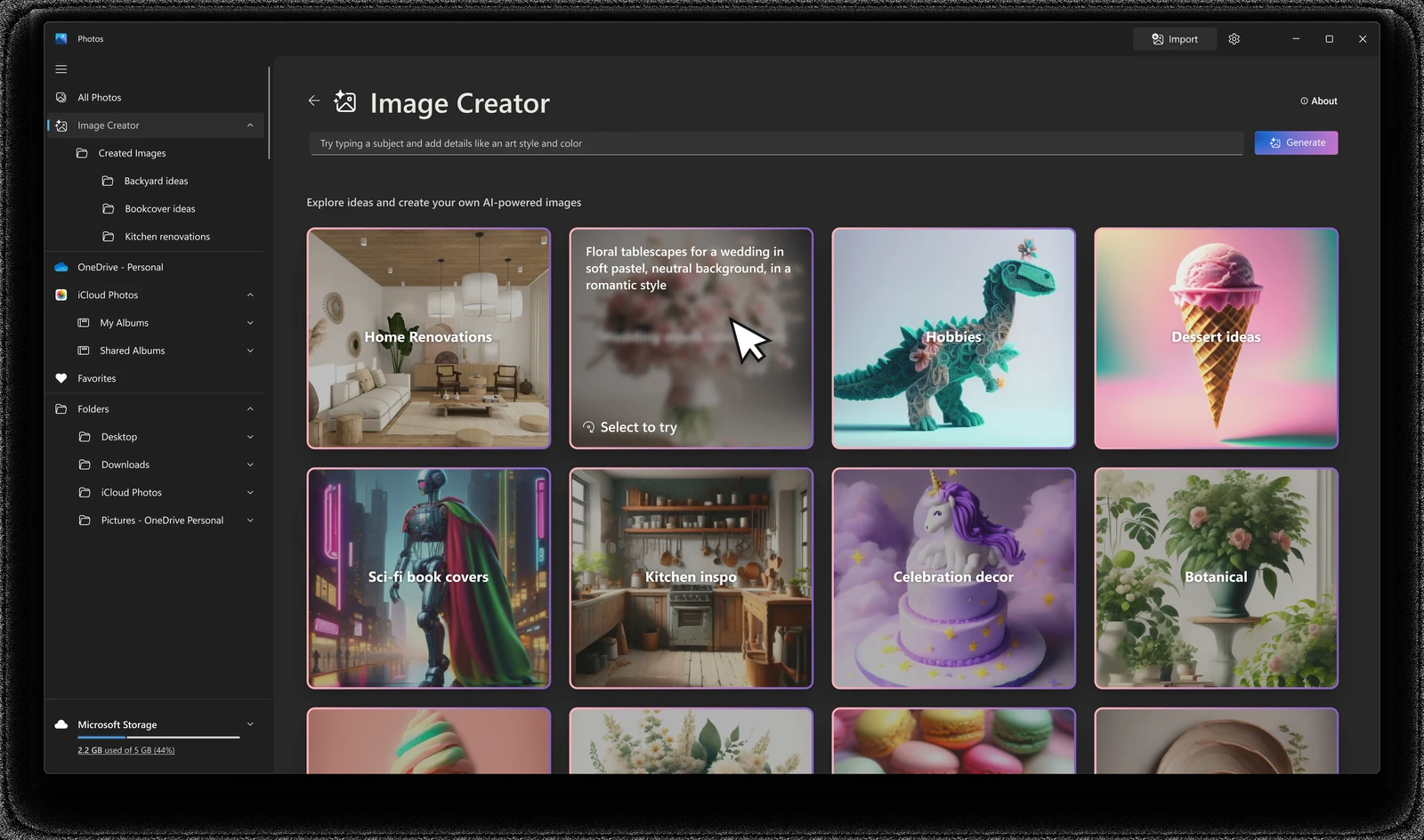 Microsoft Photos Image Creator page with a prompt box and example AI images such as a dinosaur figure and an ice cream cone