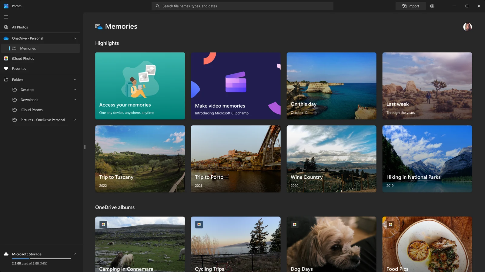 Microsoft Photos Memories page with highlight tiles such as On this day and Last week, and OneDrive albums below