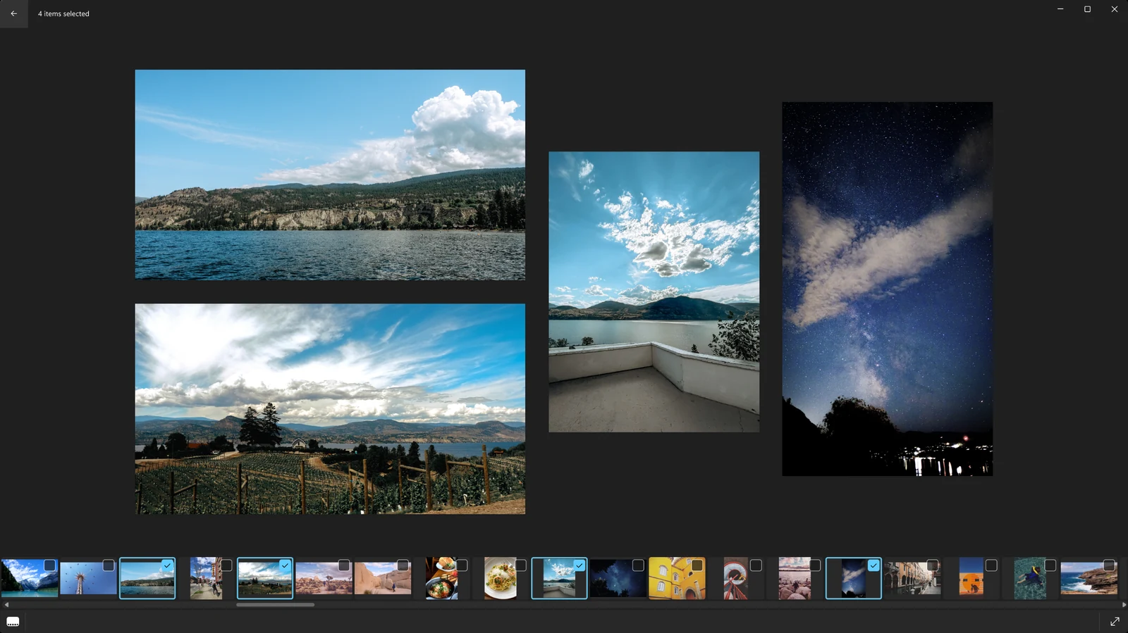 Microsoft Photos multi-view mode comparing four landscape photos side by side above a filmstrip