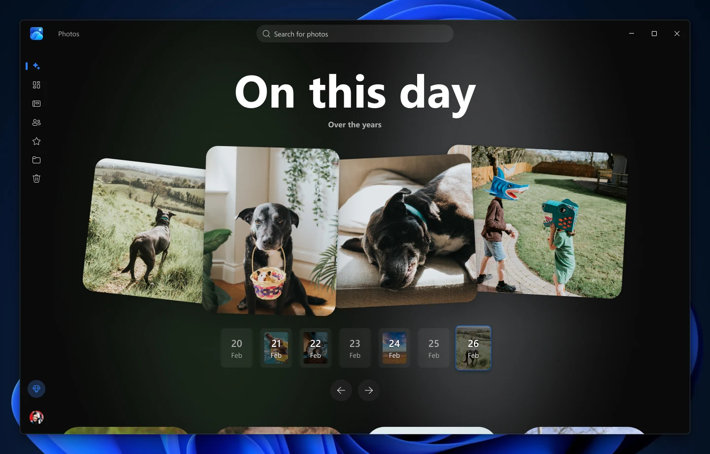 Microsoft Photos On this day screen showing a fanned stack of dog photos taken on the same date in earlier years