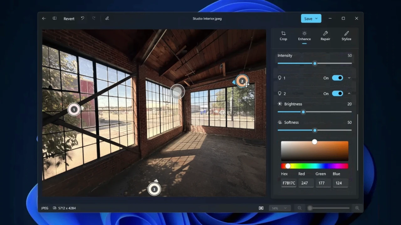 Microsoft Photos Relight tool placing numbered light sources in a brick studio photo, with brightness, softness and light color controls