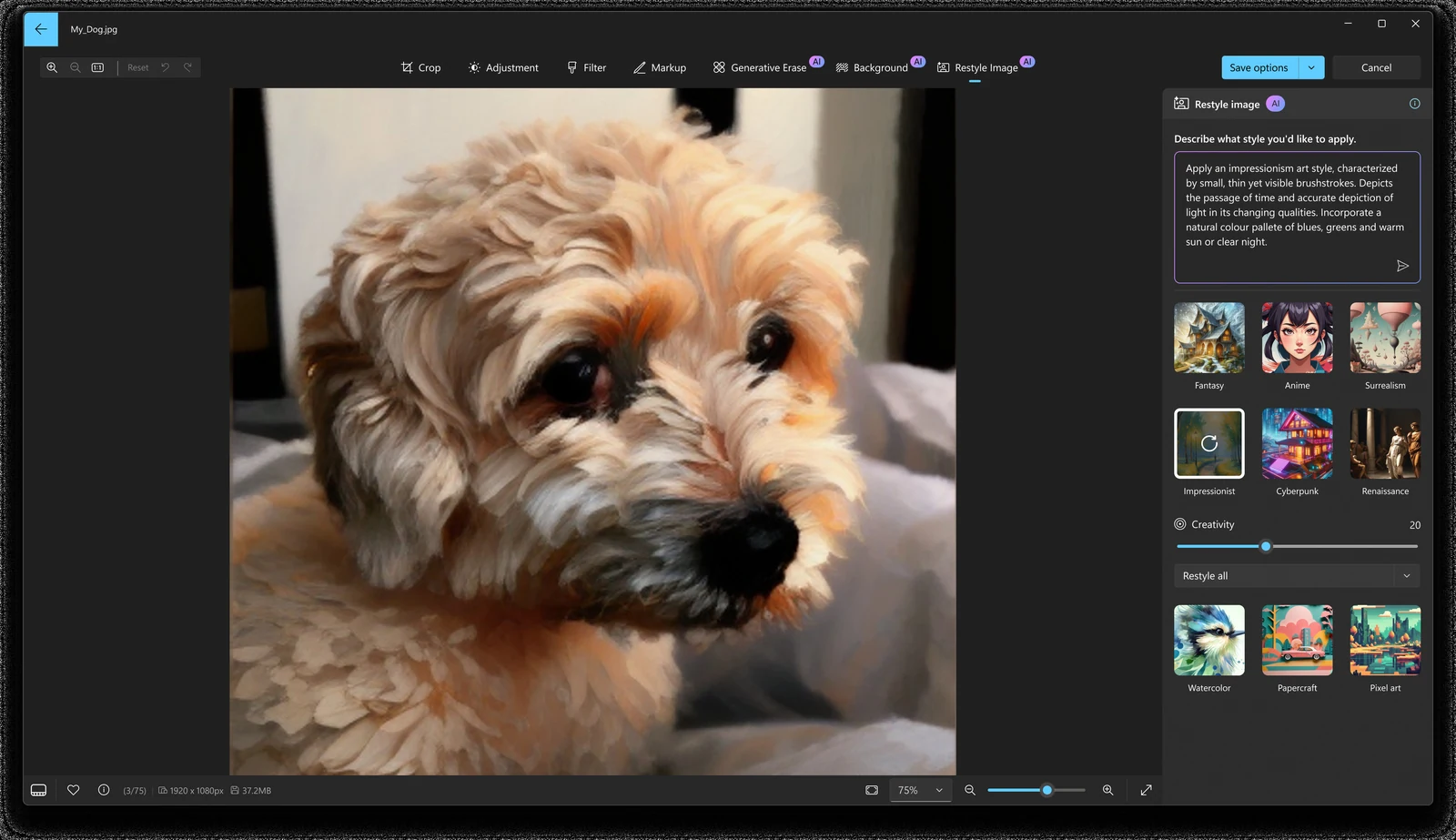 Microsoft Photos Restyle image panel turning a photo of a small white dog into a painted style, with style presets on the right