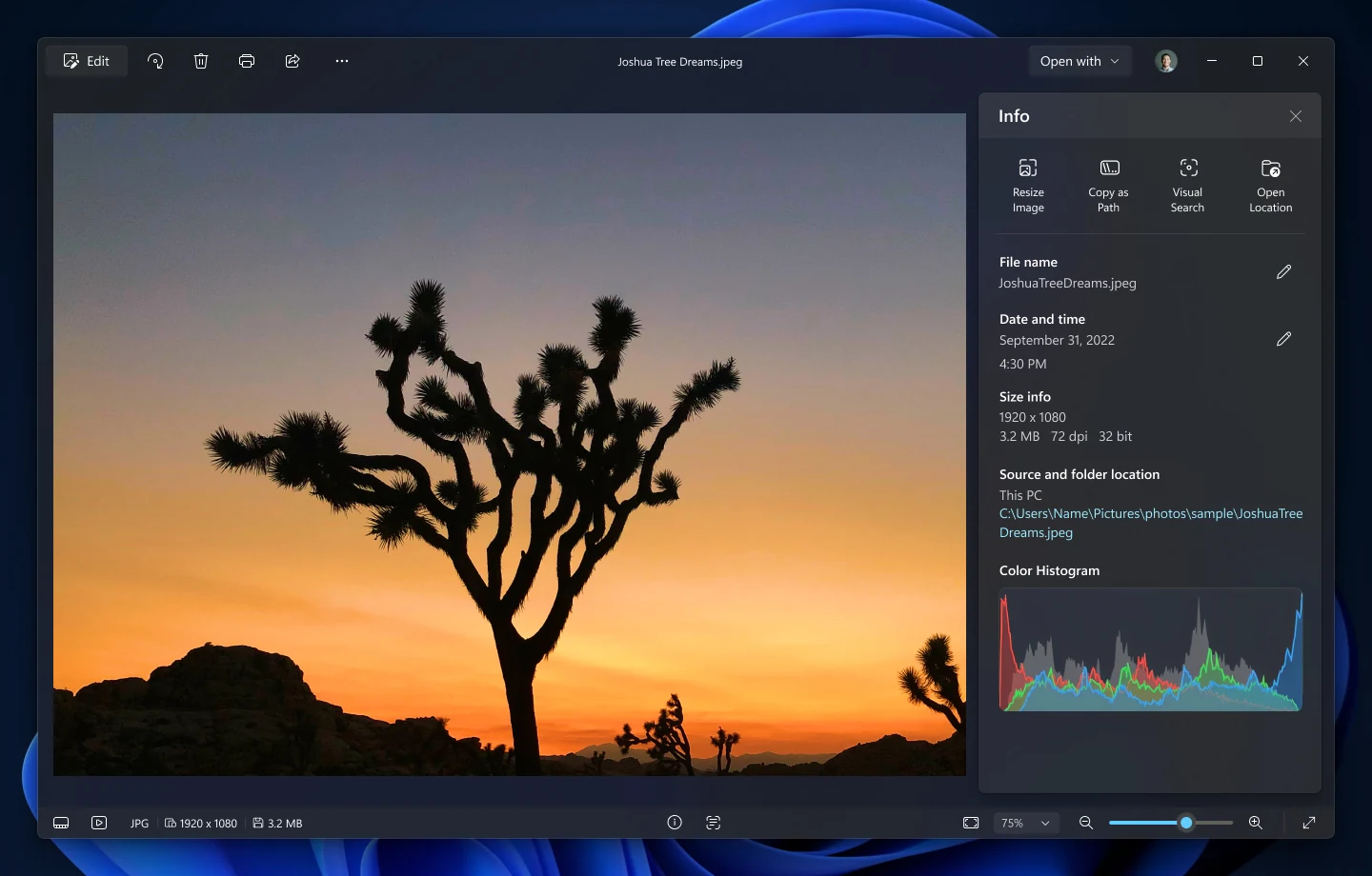 Redesigned Microsoft Photos viewer showing a Joshua tree at sunset with the Info panel listing file name, date, size, folder and a color histogram
