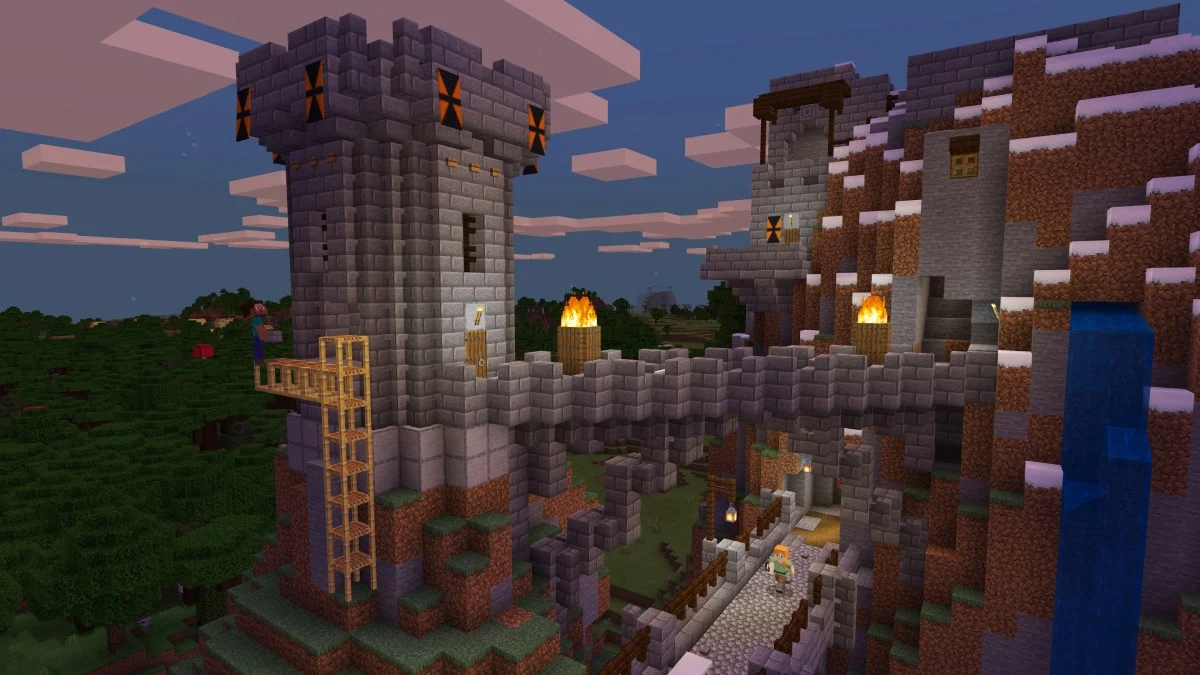 A stone brick castle with a tall tower, ladders, torches and a waterfall built into a Minecraft mountainside at dusk