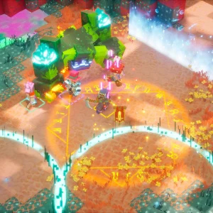 A large mossy green boss towers over heroes inside an arena of glowing rings on red ground in Minecraft Dungeons 2