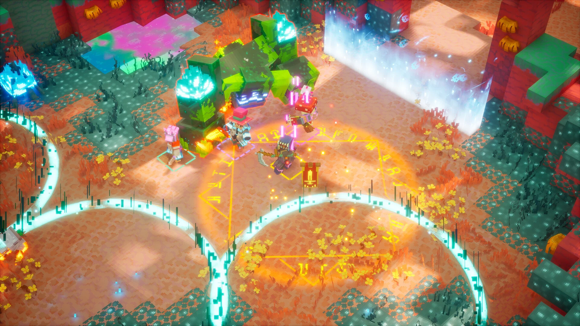 A large mossy green boss towers over heroes inside an arena of glowing rings on red ground in Minecraft Dungeons 2