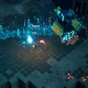 A hero fights in a dark tiled dungeon full of glowing blue particles, with damage numbers floating above the enemies in Minecraft Dungeons 2