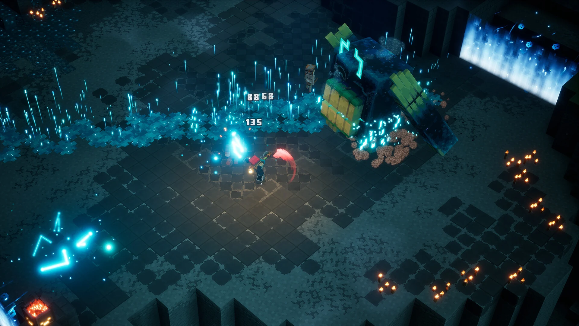 A hero fights in a dark tiled dungeon full of glowing blue particles, with damage numbers floating above the enemies in Minecraft Dungeons 2