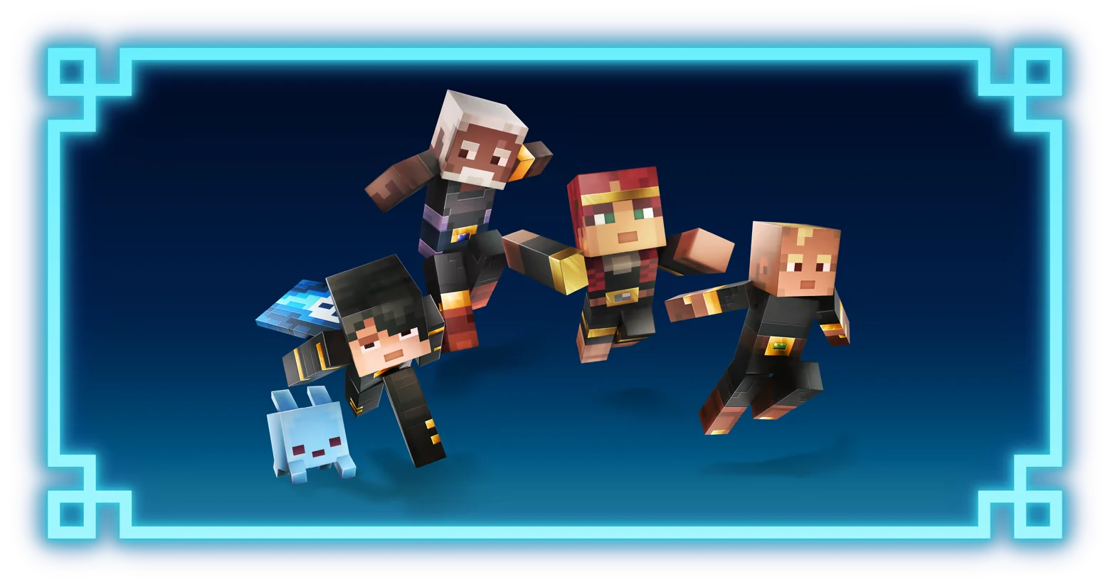Four Fancy Hero skins and the Blub pet from the Minecraft Dungeons II Deluxe Edition, leaping inside a glowing blue frame