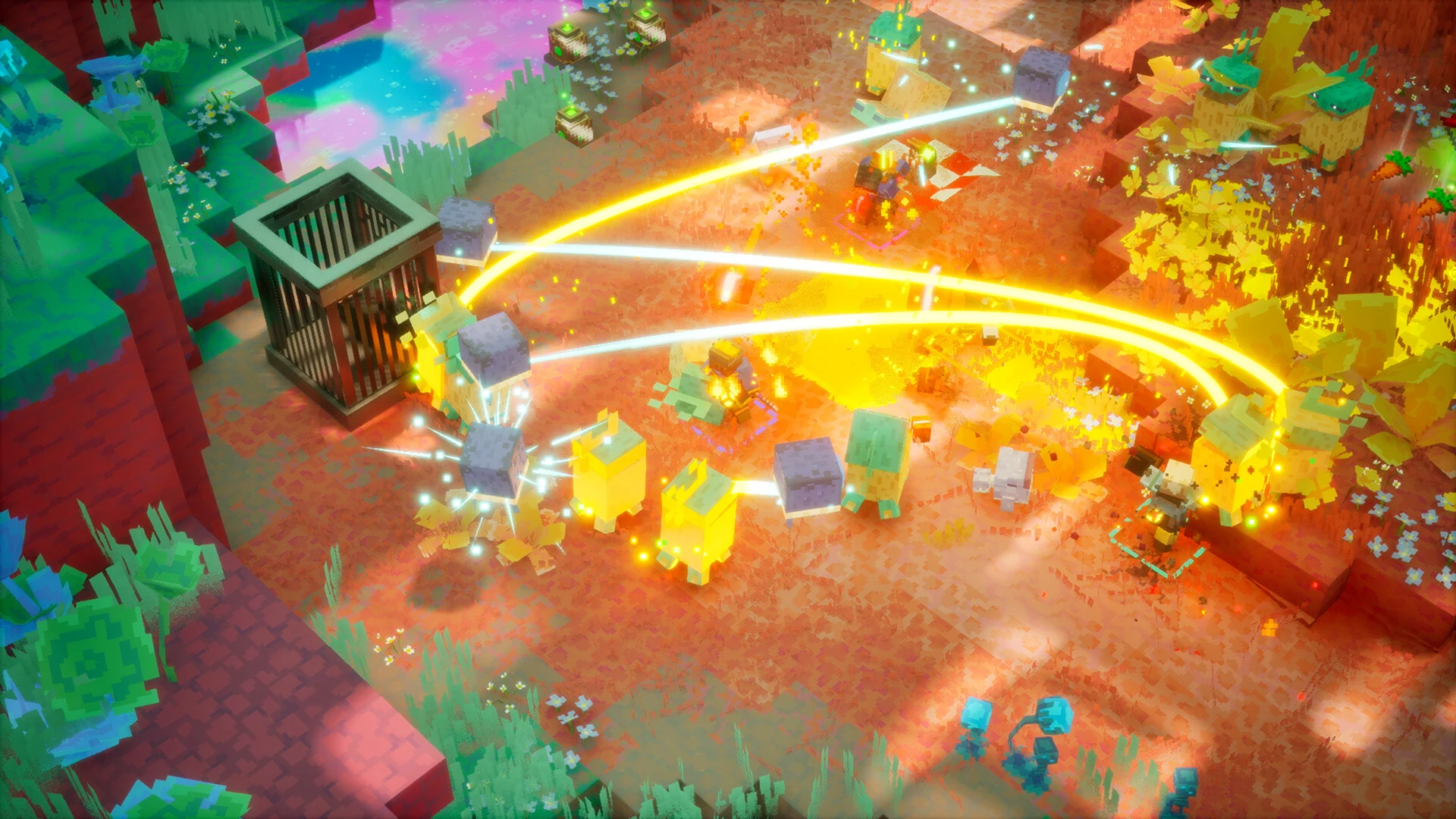 A hero cuts through a crowd of mobs with a wide golden sweep attack in an orange autumn forest in Minecraft Dungeons 2