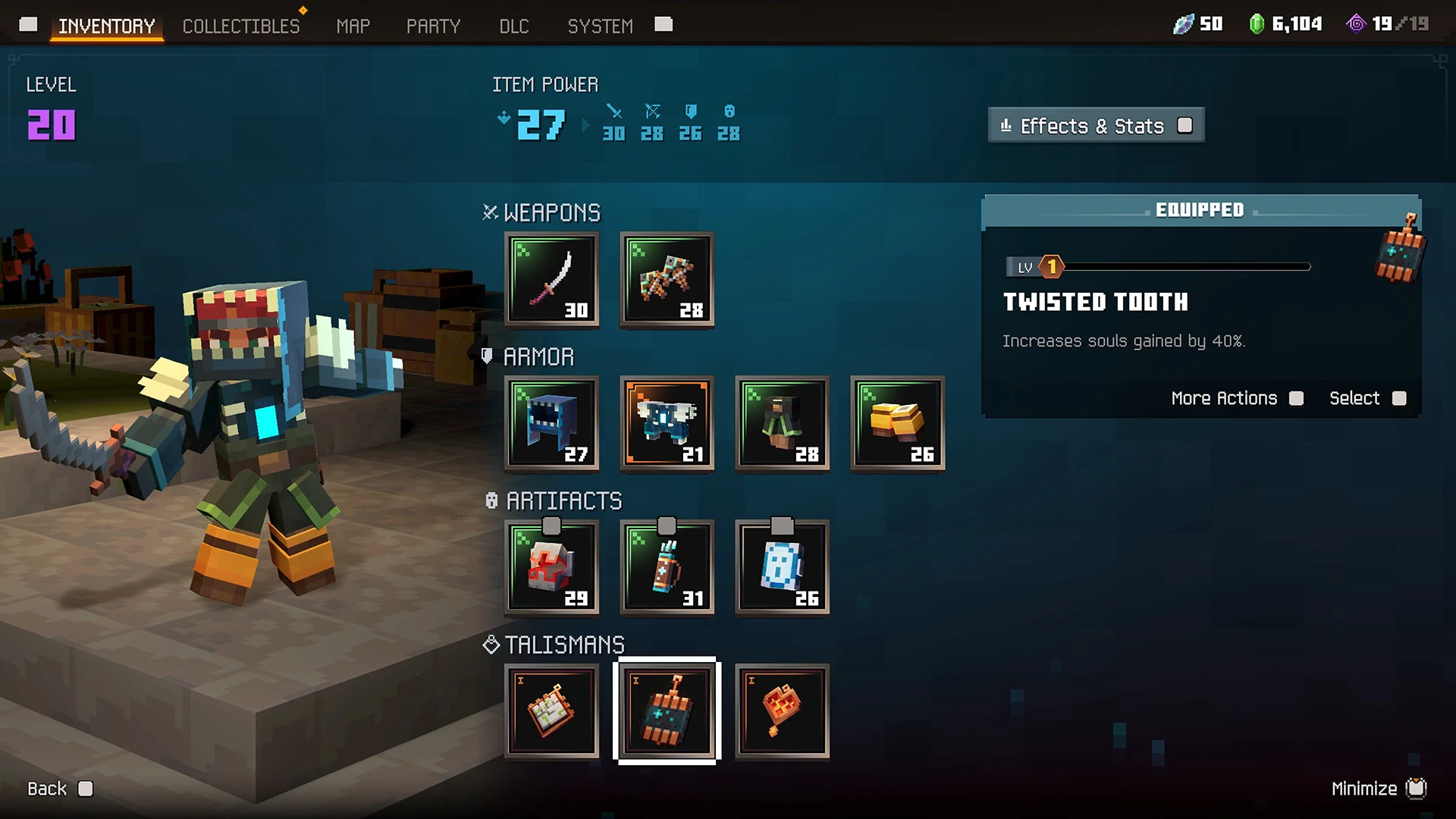 The Minecraft Dungeons 2 inventory screen showing two weapon slots, four armor pieces, three artifacts and three talismans beside the hero