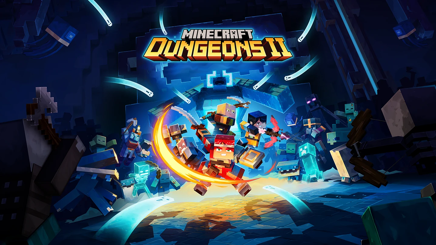 Minecraft Dungeons II key art: a party of four heroes leaps through a glowing blue rift with a sword slash of orange light, surrounded by zombies, skeletons and an Enderman, under the game logo