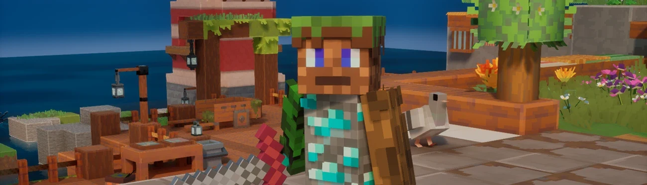 A hero wearing a custom grass-and-diamond skin loaded with the Custom Skin Loader mod, standing on a wooden dock in Minecraft Dungeons 2