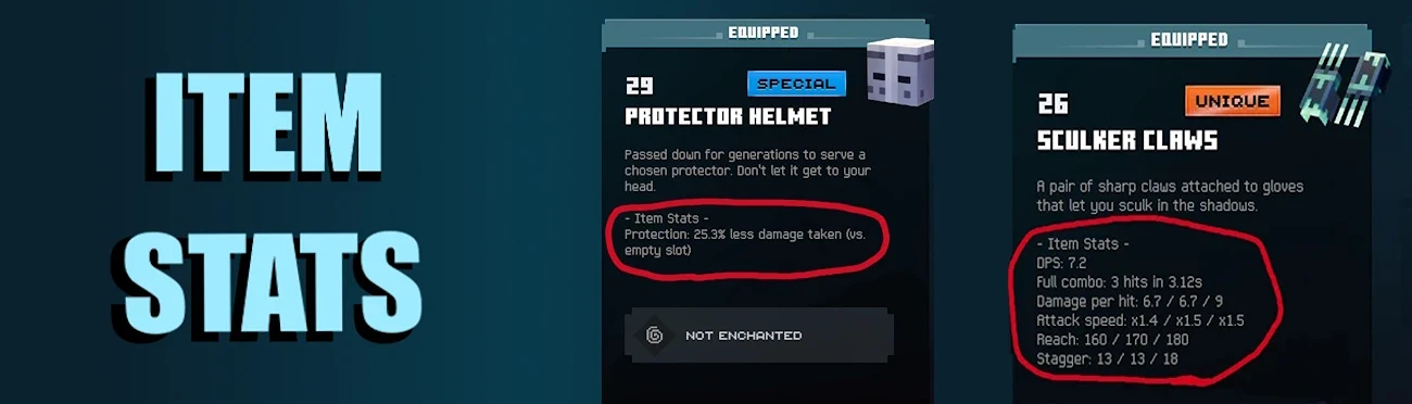 Two item tooltips from the Item Stats mod in Minecraft Dungeons 2, showing extra numbers such as damage per second, attack speed and reach