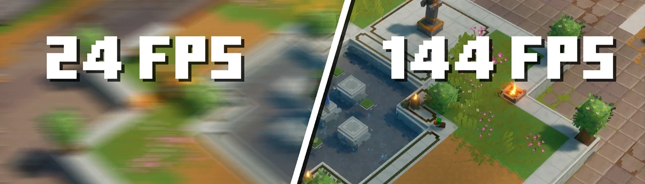 A split image comparing a blurry 24 FPS cutscene with a sharp 144 FPS one, made for the Uncapped Cutscenes mod for Minecraft Dungeons 2