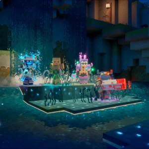Four heroes stand together on a stone platform in a dark cave lit by small blue lights in Minecraft Dungeons 2