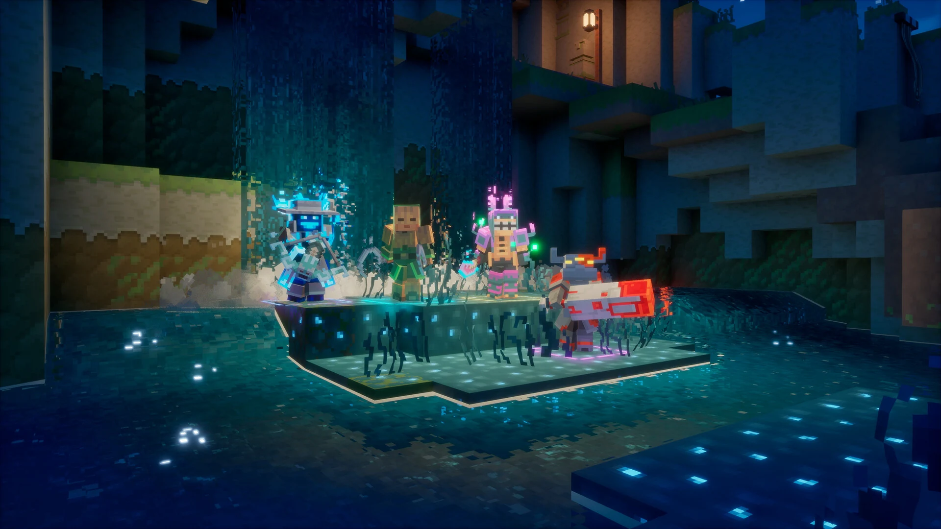 Four heroes stand together on a stone platform in a dark cave lit by small blue lights in Minecraft Dungeons 2