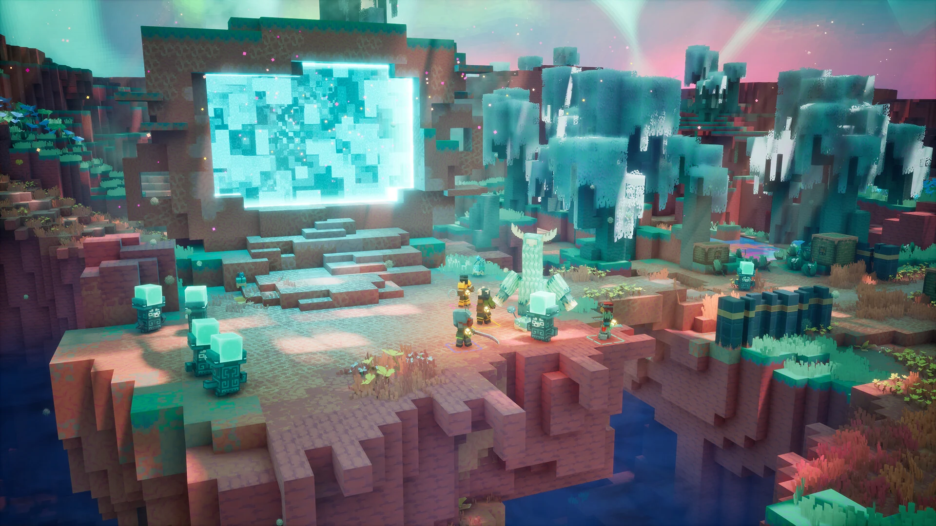 A huge glowing rift hangs above pink cliffs while heroes and mobs gather below it in Minecraft Dungeons 2