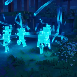 Glowing cyan spectral mobs swirling through a dark forest clearing at night in Minecraft Dungeons 2