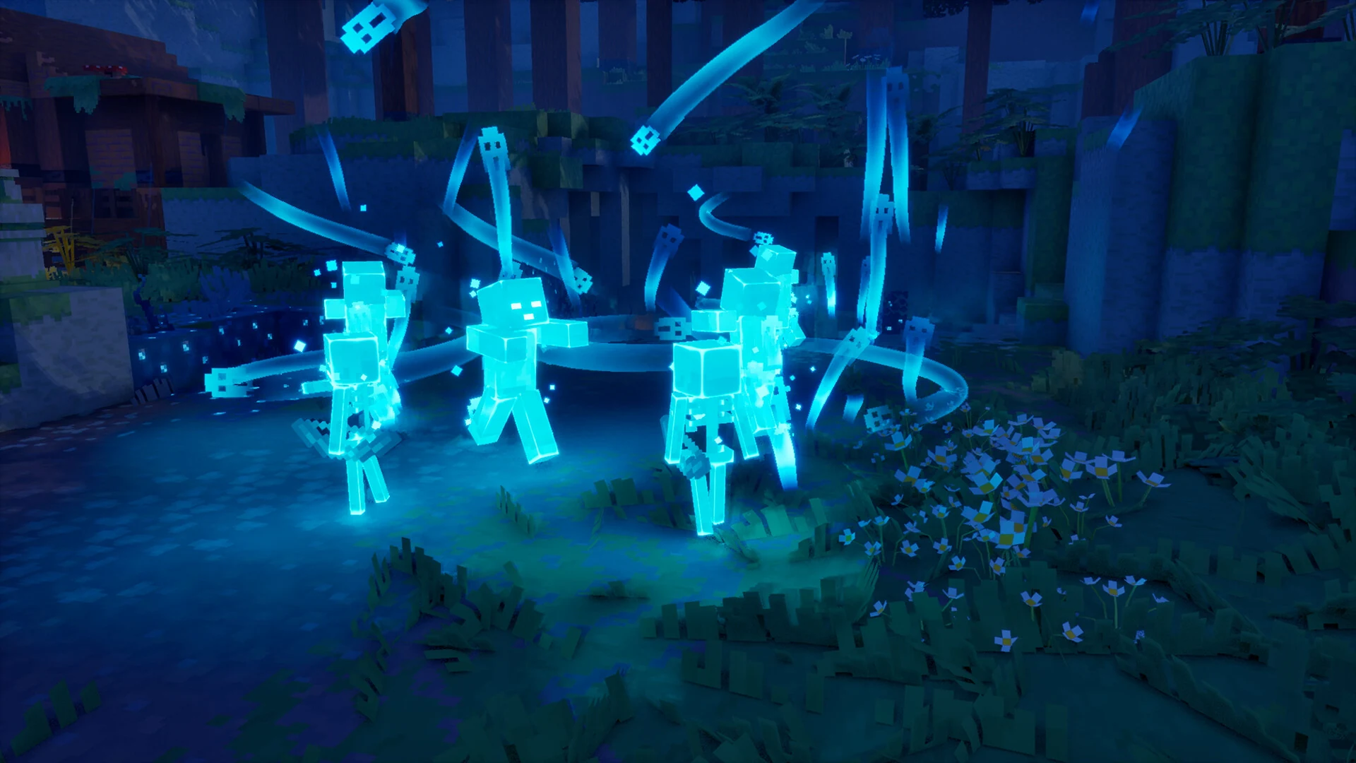 Glowing cyan spectral mobs swirling through a dark forest clearing at night in Minecraft Dungeons 2