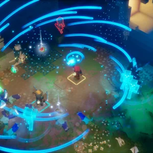 Top-down view of a hero at the center of a swirling blue whirlwind attack hitting mobs on all sides in Minecraft Dungeons 2