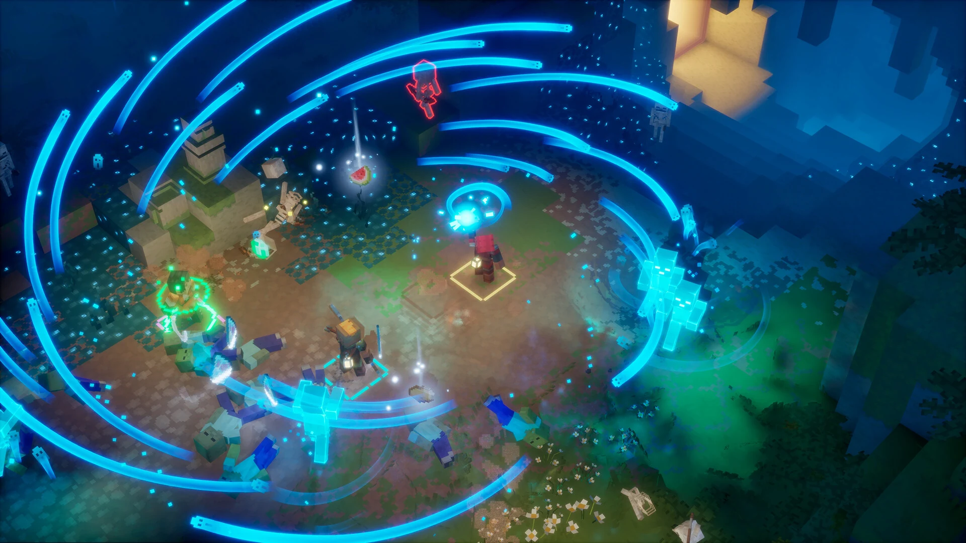 Top-down view of a hero at the center of a swirling blue whirlwind attack hitting mobs on all sides in Minecraft Dungeons 2
