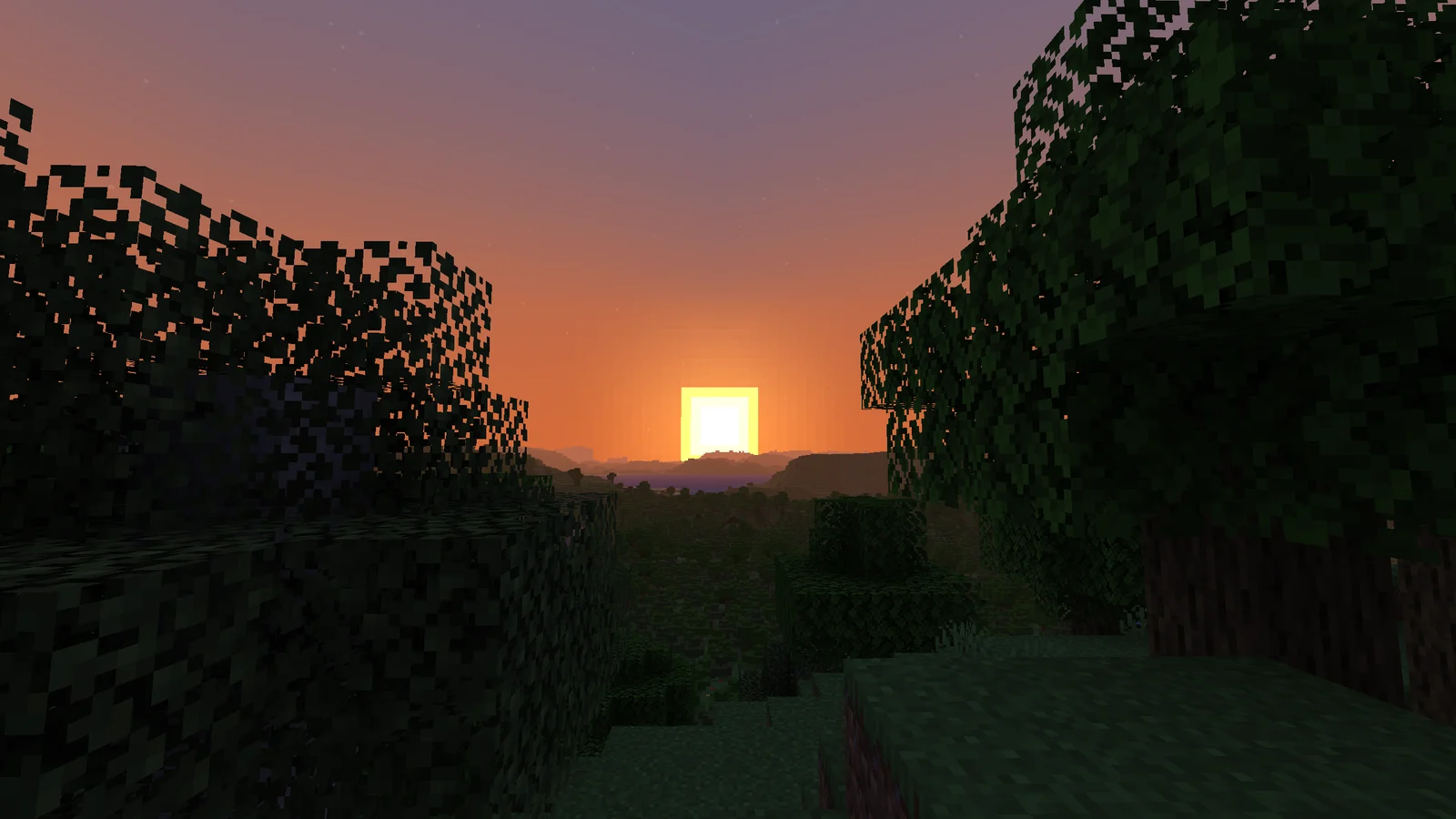 A Minecraft sunset between trees with terrain visible far into the distance thanks to the Distant Horizons mod