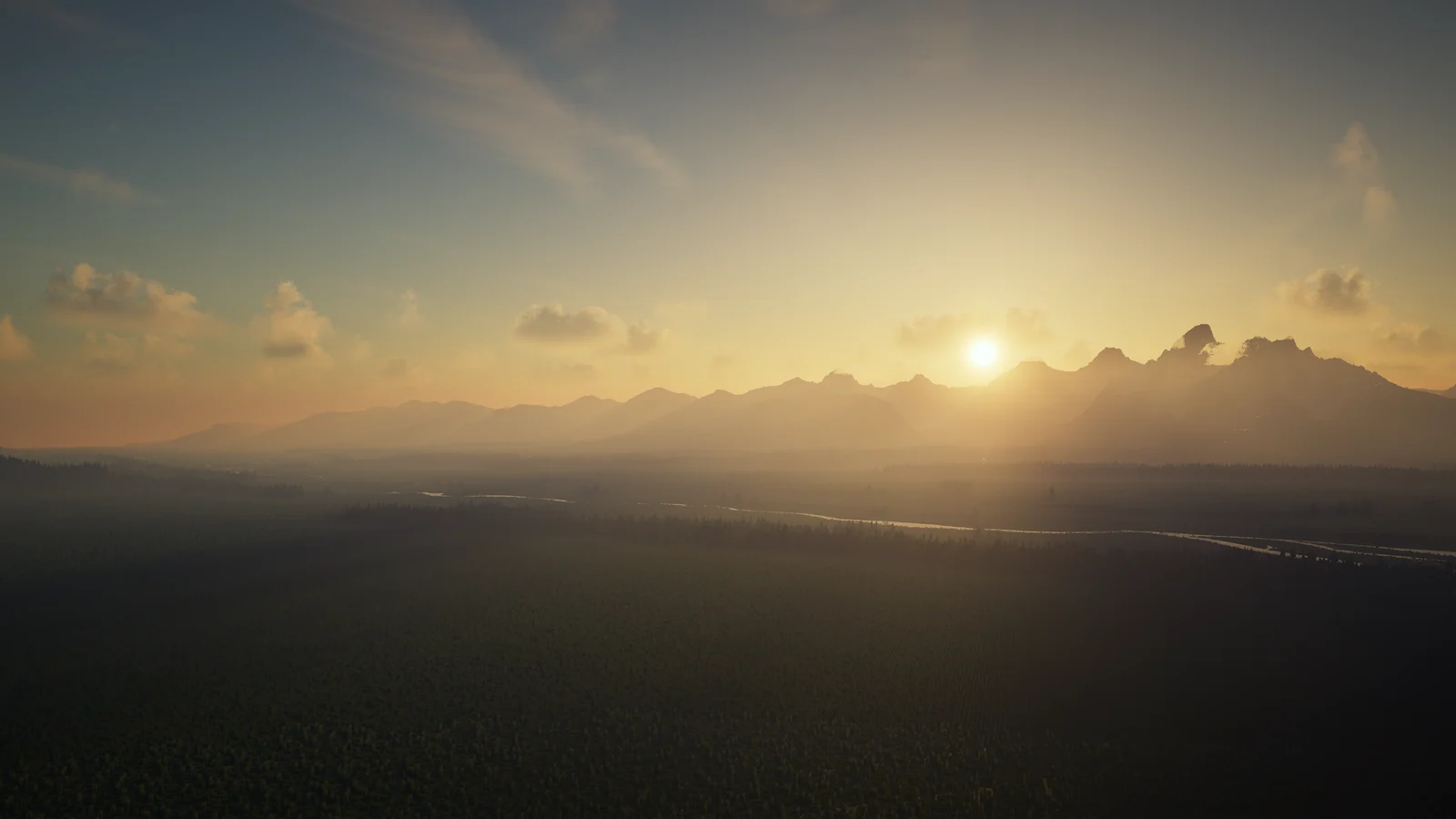 A Minecraft mountain valley at sunset with soft clouds and realistic light from a shader pack loaded through Iris
